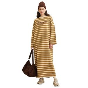Manuka Retro Camel Striped Embroidered Maxi Dress